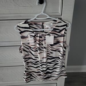 Calvin Klein Black and White Sleeveless Tie Front Blouse